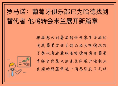 罗马诺：葡萄牙俱乐部已为哈德找到替代者 他将转会米兰展开新篇章